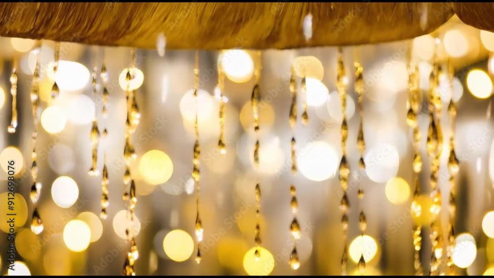 Poster golden crystal droplets hanging with a blurred bokeh background creating a luxurious and festive amb