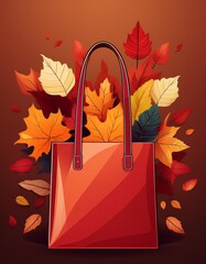 :Shopping bag full of colorful autumn leaves on brown red background with copy space. Flat Illustration vector