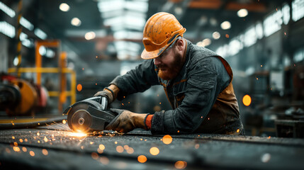 Industrial worker wearing safety gear using an angle grinder to cut metal, creating sparks in a workshop or factory setting.