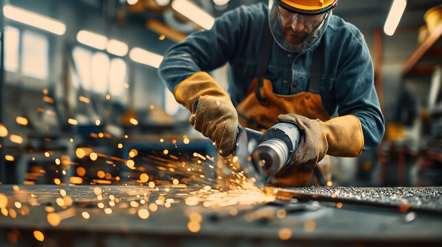 Factory worker wearing safety gear using an angle grinder to cut metal, causing sparks to fly in a workshop environment.