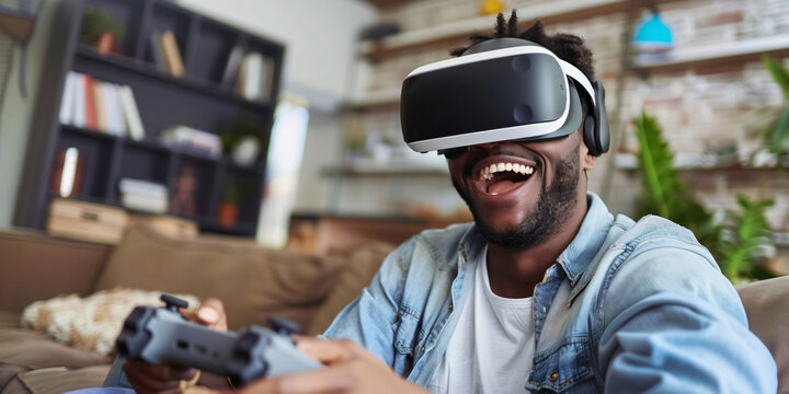 A young man wearing a VR headset is laughing and playing a video game.. african man