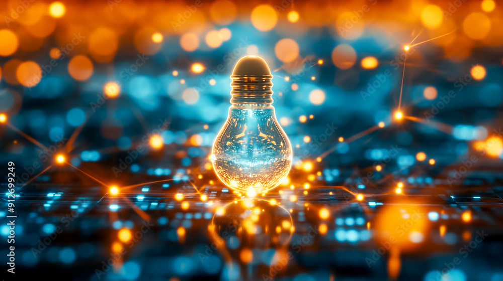 Poster illuminated light bulb sitting on a circuit board serves as a powerful symbol of both innovation and