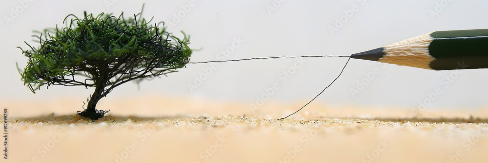 Poster pencil drawing a line that transforms into a real tree.