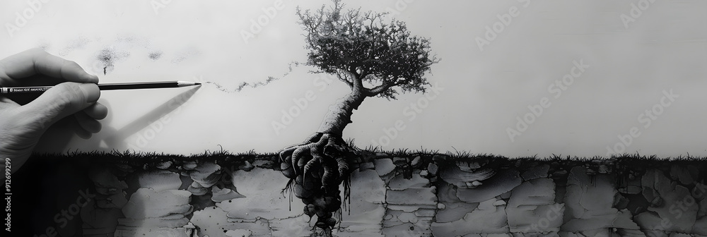 Poster pencil drawing a line that transforms into a real tree.