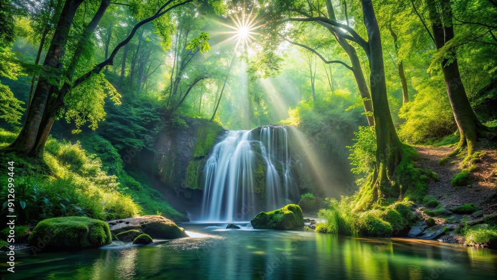 Poster Lush green forest with waterfall and sunlight shining through trees, nature, landscape, forest, foliage, greenery