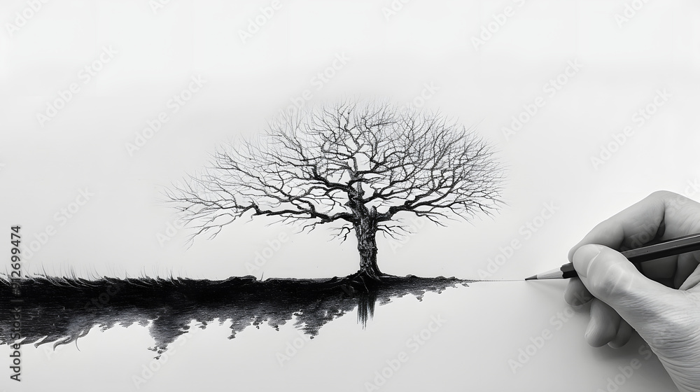 Poster pencil drawing a line that transforms into a real tree.