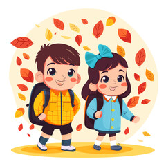 Happy funny little girl and boy go to school 086