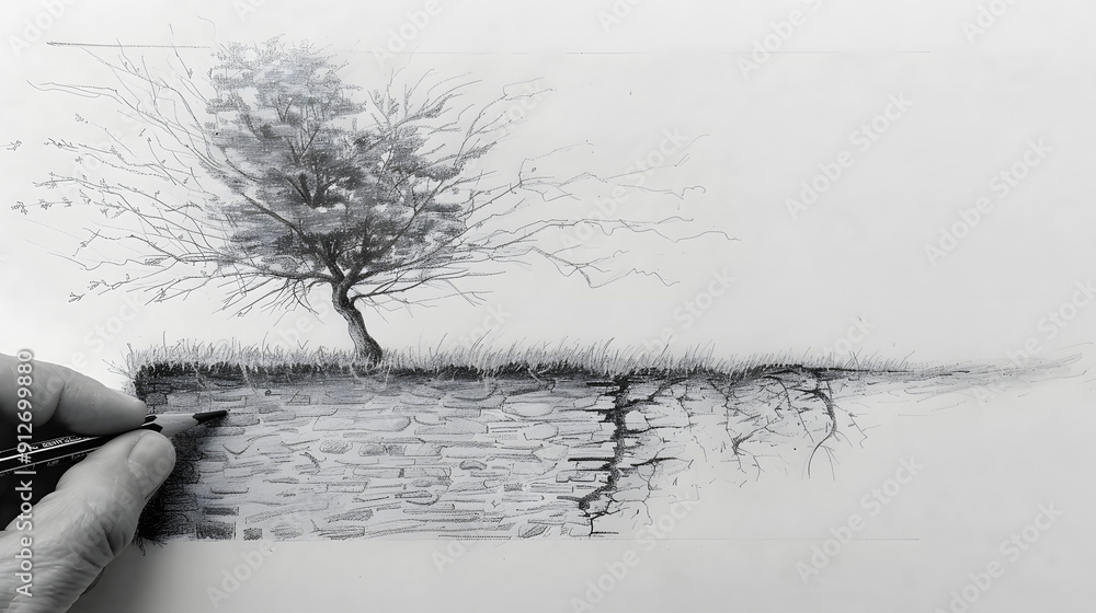 Poster pencil drawing a line that transforms into a real tree.