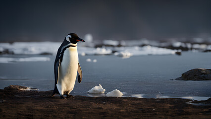Obraz premium A penguin stands on a rocky shoreline, looking out over the water