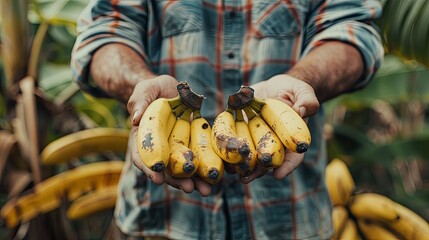 Close-up of a Farmer's Hands Harvesting Fresh Organic Bananas, Celebrating the Natural Bounty of Farming and Agriculture. Raw Style Agriculture, Harvesting Fresh Produce.
