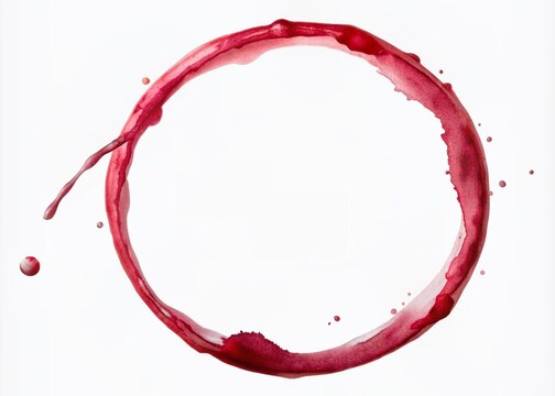 Vibrant red wine stain forms a circular watercolor mark on a white background, resembling a wine glass ring or splash, adding an artistic touch to any design.