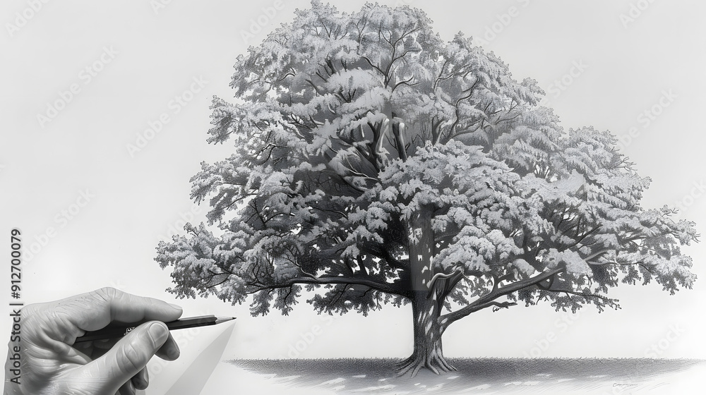 Poster pencil drawing a line that transforms into a real tree.