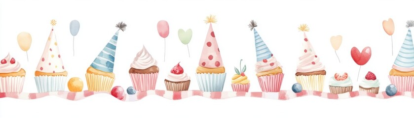 A colorful collection of festive cupcakes with party hats, balloons, and decorative elements for celebrations and events.