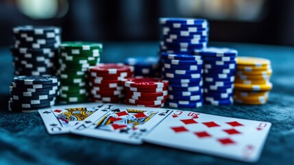 Casino Table with Stacks of Poker Chips and Playing Cards