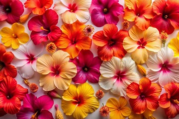 Vibrant multicolored hibiscus flowers in shades of orange, red, pink, and yellow are beautifully arranged in a flat lay on a clean white background.