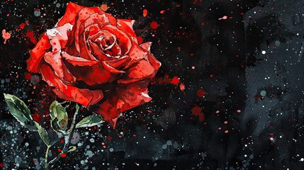 watercolor red rose on black solid background, paint splatter 