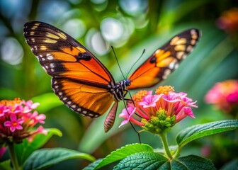 Fototapeta premium Delicate orange and black butterfly perched on bright pink flower petals, sipping nectar, surrounded by lush green leaves in a serene summer garden setting.
