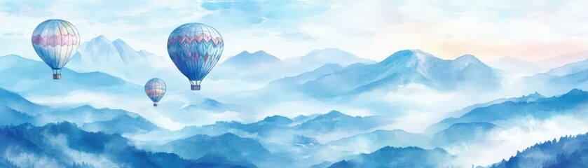 Fototapeta premium A serene landscape featuring colorful hot air balloons floating over misty mountains during sunrise, evoking a sense of adventure.