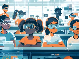 Diverse Group of Students Engaged in Collaborative STEM Activity in Modern Classroom