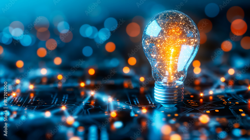 Poster illuminated light bulb sitting on a circuit board serves as a powerful symbol of both innovation and