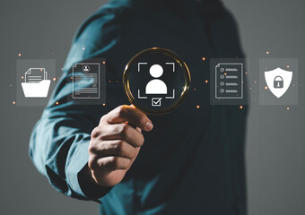 (KYC) Businessman holding magnifying glass and identity verification symbol to increase financial...
