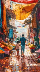 Obraz premium A person and a child stroll through a lively market filled with colorful textiles and floral displays, capturing the essence of local culture