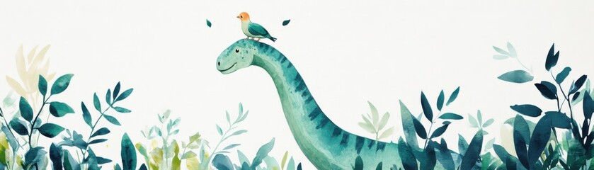 Colorful illustration of a dinosaur with a bird, surrounded by lush greenery, perfect for children's themes and educational content.