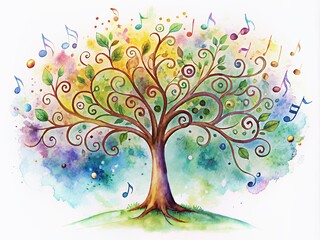 Obraz premium Delicate watercolor illustration of a whimsical tree adorned with swirling musical notes, symbolizing harmony and creativity, perfect for audio media concepts and designs.