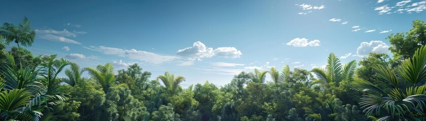 Obraz premium A lush green jungle under a clear blue sky, showcasing vibrant vegetation and peaceful nature.