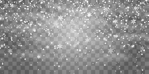 Vector falling snowflakes on png background. Vector heavy snowfall. White snowflakes flying in the air. Snow flakes, snow and blizzard. Christmas snow. Vector illustration isolated on transparent.