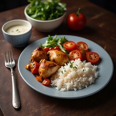 Chicken dish with chicken pieces in tomato and pepper served with rice and fresh salad on the table