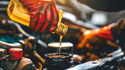Caucasian mechanic expertly changing car engine oil for professional maintenance