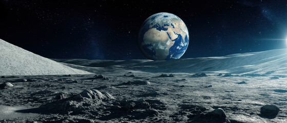 A stunning view of Earth from the lunar surface, showcasing the unique texture of the moon and the vibrant colors of our planet.