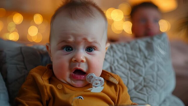 Surprise, shock, strong emotion, delight, baby saw something amazing on smartphone, his eyes widened, his mouth opened, pacifier fell out, technological progress