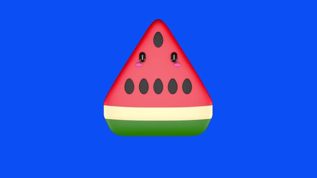 Watermelon character on a blue screen. 3D animation. Watermelon icon animation, summer fruite.	