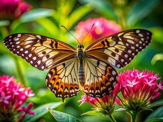Fototapeta premium Delicate butterfly with intricately patterned wings perches on a vibrant, pink-hued flower, surrounded by lush green foliage in a serene, natural environment.