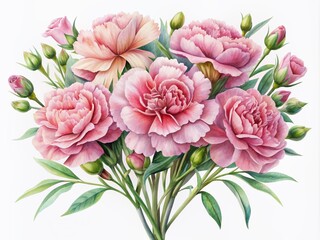 Delicate watercolor pink carnations in a beautiful bouquet, adorned with lush greenery, perfect for adding a touch of elegance to Mother's Day cards, wedding invitations, and wedding designs.
