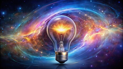 Vibrant cosmic energy swirling within a glowing light bulb, cosmic, energy, light bulb, vibrant, patterns, ethereal
