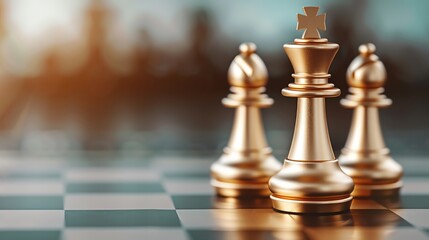 Close-up of elegant golden chess pieces on a checkered board, symbolizing strategy and competition in a classic game.
