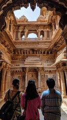 Visitors admire the detailed craftsmanship of a historic temple, surrounded by stunning stone carvings