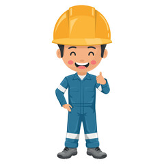 Industrial worker in blue industrial overalls with thumb up. Engineer with his personal protective equipment. Industrial safety and occupational health at work