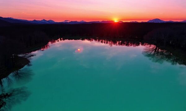Aerial View of Biei Blue Pond at Sunset with Red Sky, Hokkaido