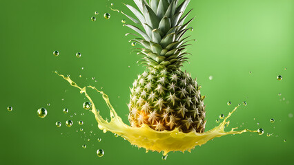 A pineapple is splashing juice on a green background