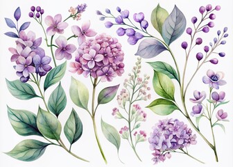 Whimsical watercolor clipart set featuring delicate lilac, violet, and purple plants with soft petals on a crisp white background, perfect for wedding invitation designs.