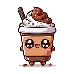 Cute Kawaii Coffee Cup with Whipped Cream, Chocolate Syrup, and Straw