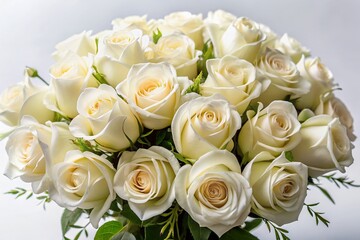 Delicate white roses arranged in a beautiful bouquet on a crisp white background, exuding elegance and sophistication, perfect for romantic greetings and special occasions.