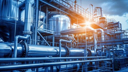 Fototapeta premium Industrial Complex with Pipes and Tanks Under a Cloudy Sky