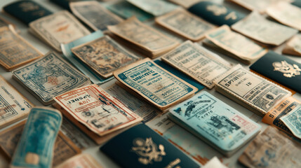 A collection of vintage travel documents, passports, and tickets laid out on a flat surface, showcasing a variety of designs and languages.
