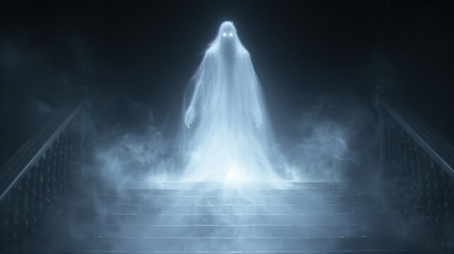 A translucent figure with glowing eyes, hovering above the grand staircase in the haunted mansion