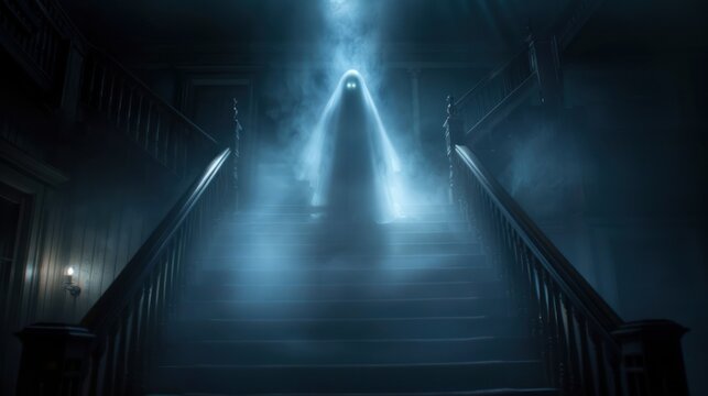 A translucent figure with glowing eyes, hovering above the grand staircase in the haunted mansion